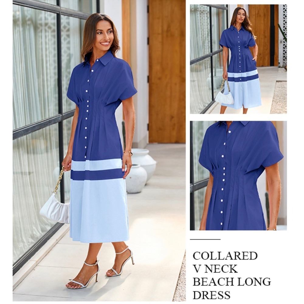 Women Blue White Button Down‎ Shirt Summer Dress Smocked Waist Cotton Medium